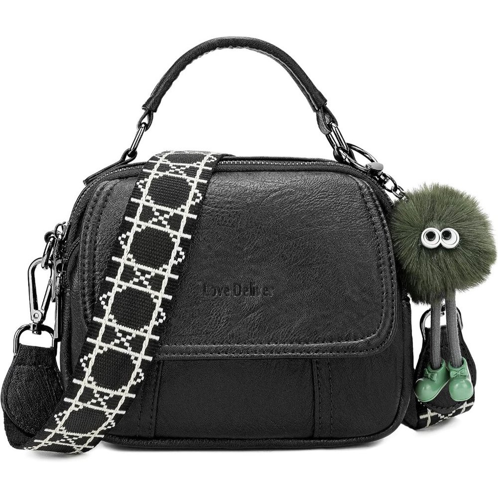 Women Black Small Leather Crossbody Purse with 2 Detachable Straps